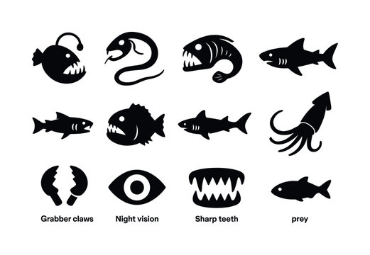 Abyssal Predator Icons. Abyssal predators. Solid icon set of Aby