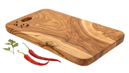 Handcrafted Olive Wood Cutting Board with Natural Grain Texture and Chili Pepper Garnish