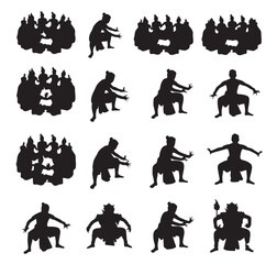 Black silhouettes of traditional Balinese Kecak dancers performing a ritualistic chant and dance in various poses and group formations.