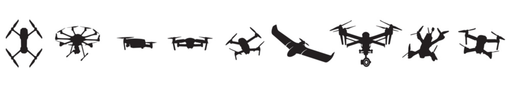 A collection of various drone silhouettes, showcasing different types of unmanned aerial vehicles including multi-rotor and fixed-wing designs.