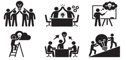 Collection of stick figure icons illustrating business concepts such as teamwork, idea generation, innovation, collaboration, and problem-solving.