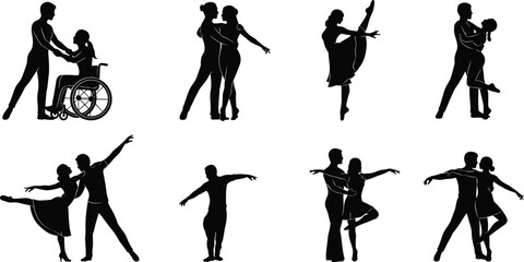 Inclusive dancing couple silhouette set, black expressive movement and pose illustration, partner dance diversity and accessibility concept graphic