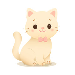 Pastel kitten character with bow in cute kawaii cartoon illustration