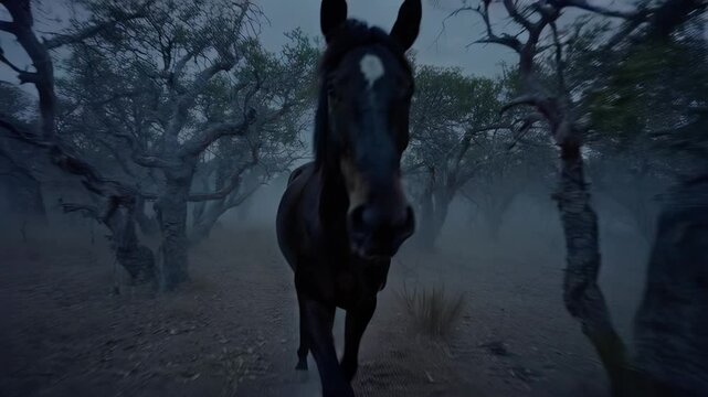 black horse galloping on the dark forest