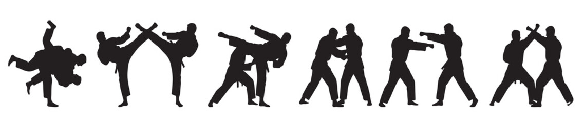 Silhouettes of martial arts practitioners demonstrating various fighting techniques and self-defense movements in a sequence.
