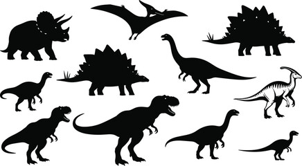 Dinosaur silhouettes, prehistoric reptiles, black and white illustration, extinct species, fossil shapes, educational science art, wildlife diversity, ancient creatures, paleontology