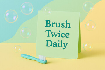 Playful dental health concept with green note saying brush twice daily. miniature toothbrush and bubbles promote positive oral hygiene and daily care routine for children