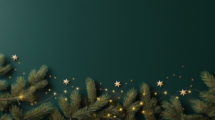 Minimal Green Christmas Background with Pine Branches and Golden Lights
