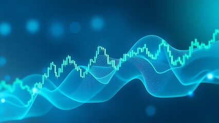 An abstract visualization of flowing financial data in blue and green.