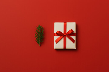 Clean Christmas minimalist shot showing one gift box and pine twig on bold red background. Simple, festive holiday design with refined simplicity, perfect for celebration