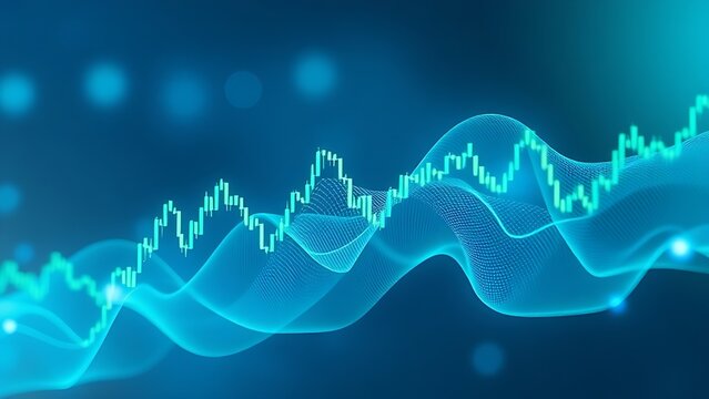 An abstract visualization of flowing financial data in blue and green. - Powered by Adobe