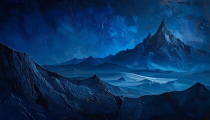 Surreal blue-toned mountain landscape with jagged peaks under a moody sky and swirling clouds.