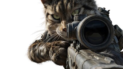 Cat Sniper in Action: A fierce cat with intense gaze, eyes locked on target, sighting through a rifle, ready to strike