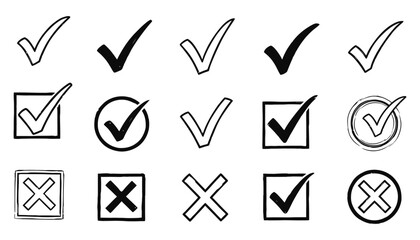 Check tick mark icon set Cross box x check mark checkbox v list draw hand drawn sketch doodle brush marker