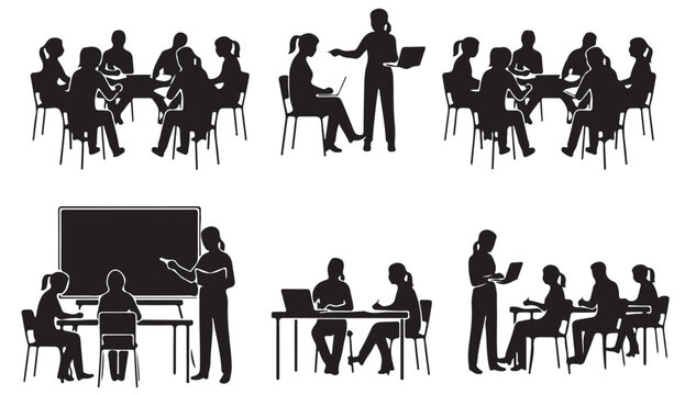 Silhouettes of people in various business and educational settings, including meetings, presentations, and collaborative work sessions.