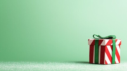 Minimal Green Christmas Background with Striped Gift and Ribbon, Wide  Copy Space