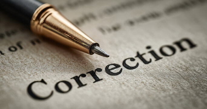 close-up image of a pen resting on the printed word "Correction," symbolizing the act of editing, revising, or acknowledging an error in written content
