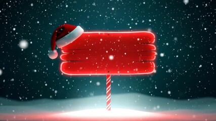 Red wooden sign with Santa hat under falling snow. Christmas holiday blank billboard for copy space. Winter season.