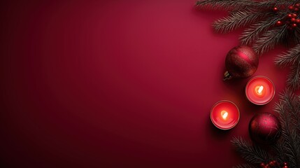 Minimal Red Christmas Still Life with Candles and Festive Ornaments, Wide Copy Space