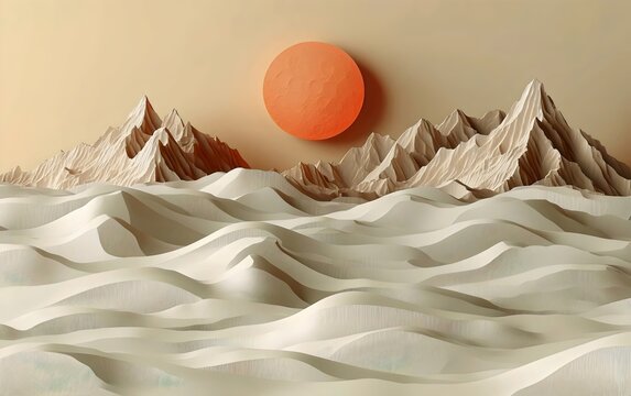 A serene, surreal landscape featuring textured mountains and soft, wavy sand dunes under an orange sun, creating a dreamlike atmosphere.
