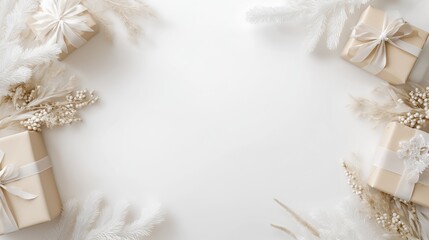 Minimal White Christmas Flat Lay with Neutral Gift Boxes and Soft Winter Decor, Wide Center Copy Space