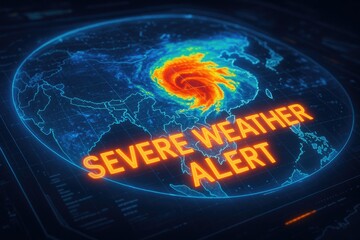 Digital forecast screen showing severe weather alert for a powerful hurricane over asia.