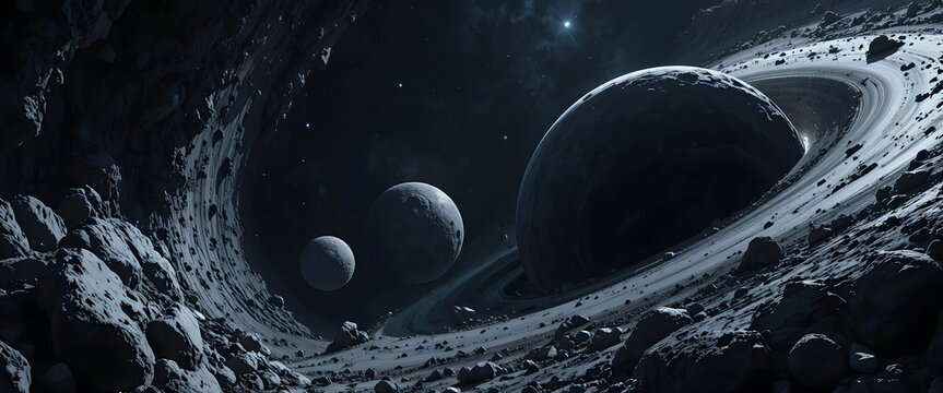 A majestic ringed planet with its moons viewed from a rugged asteroid field in deep space. astroid belt