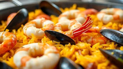 Close-up of traditional Spanish seafood paella with shrimp and mussels.
