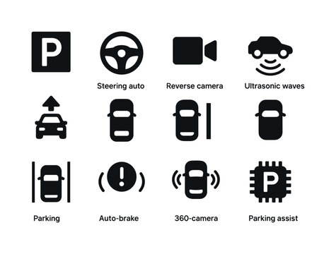 Self-Parking Icon Set. Self-parking systems. Solid icon set of S