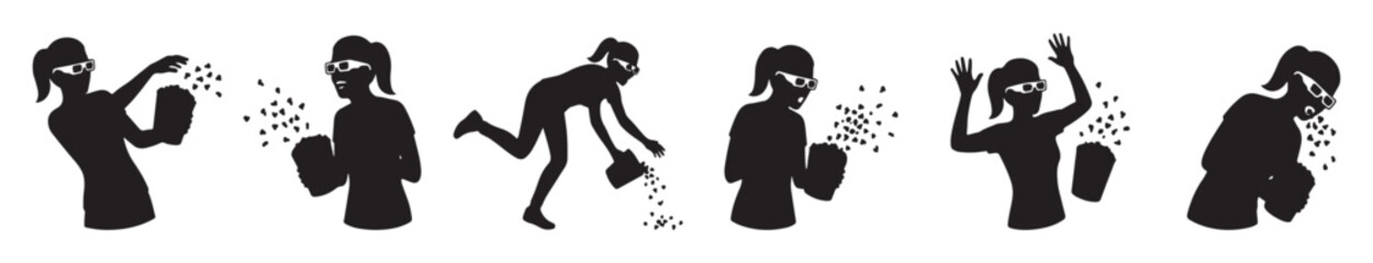 A sequence of black silhouettes depicting a person spilling contents from a bucket and reacting to the event.