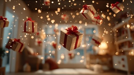Floating festive holiday presents with red ribbons illuminating a cozy domestic living space. A magical sparkle symbolizes the season's continued cele