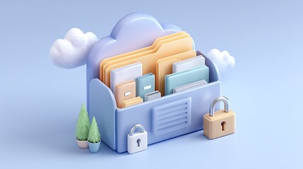 A stylized 3d render of secure cloud file storage and data protection