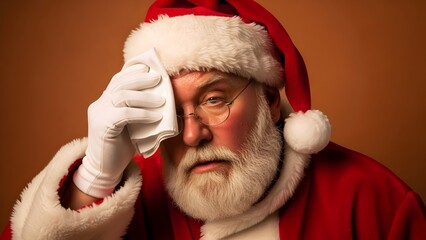 Tired Santa Claus Wipes Sweat from His Forehead with a Handkerchief, Feeling Stressed and Overworked During the Holiday Season.