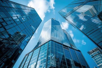 Fototapeta premium Low angle view of modern skyscrapers towering over a city center, reflecting the blue sky and clouds