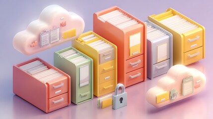 Cloud storage and data management concept with colorful filing cabinets and security padlock