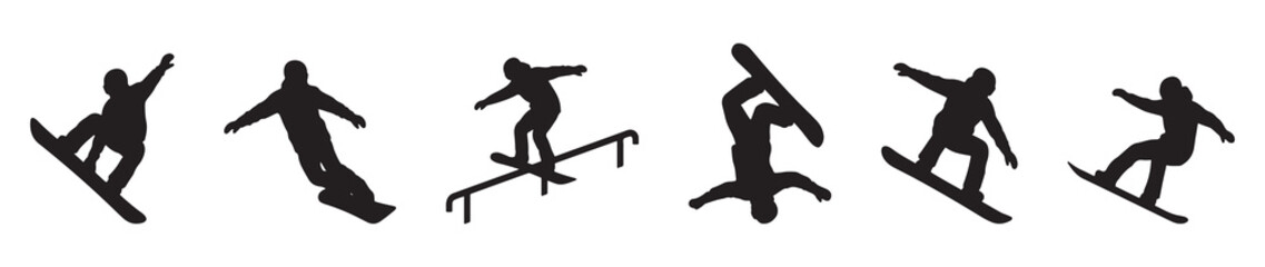 Fototapeta premium Collection of six black silhouette icons depicting snowboarders performing various tricks and maneuvers on snow and a rail.