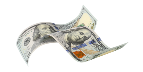 Two flying hundred dollar bills, isolated on transparent cutout background