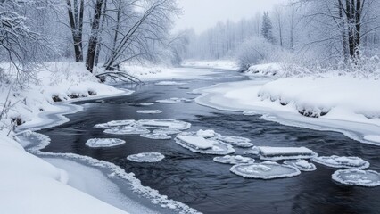 Winter river with floating ice