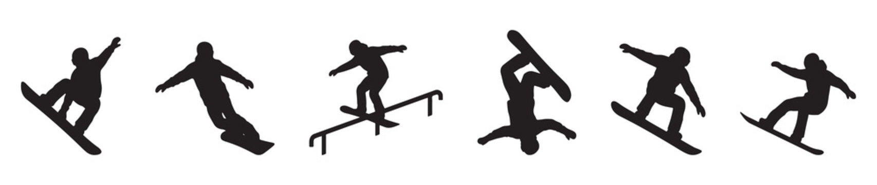 Collection of six black silhouette icons depicting snowboarders performing various tricks and maneuvers on snow and a rail.