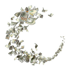 Flying hundred dollar bills swirling in dynamic motion, isolated on transparent cutout background