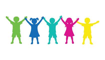 Diverse group of children standing together in colorful silhouette