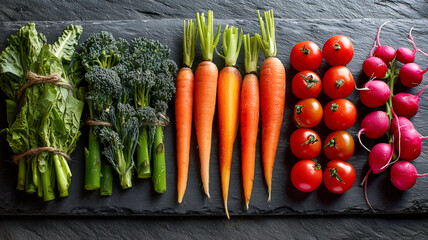 An assortment of fresh vegetables like kale, broccoli, carrots, tomatoes, and radishes are arranged on a slate background, ideal for cooking.