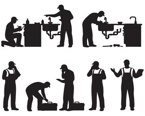 Naklejka premium Silhouettes of plumbers working on sinks and using tools, some are on the phone.