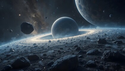 Obraz premium A vast cosmic landscape showcasing a majestic ringed planet with an asteroid-strewn surface and distant celestial bodies. astroid belt