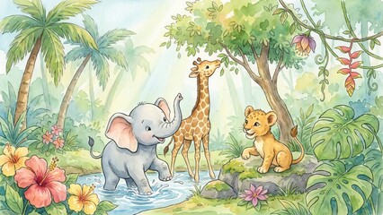Obraz premium Watercolor jungle scene featuring a baby elephant in water a young giraffe and a lion cub