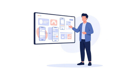 Businessman Presenting Digital Interface on Large Screen