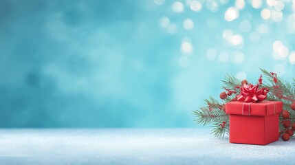 Soft Blue Christmas Background with Red Gift &ndash; Wide  Copy Space