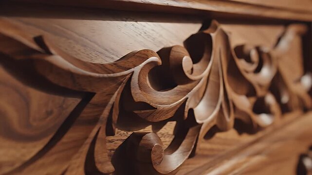 Close-up of intricate wood carving, showcasing detailed craftsmanship and artistry.