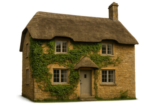 Traditional english stone cottage with thatched roof and green ivy on walls on transparent background