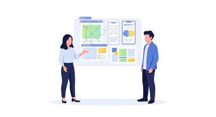 Fototapeta premium Two Professionals Presenting a Website Wireframe on Large Digital Board